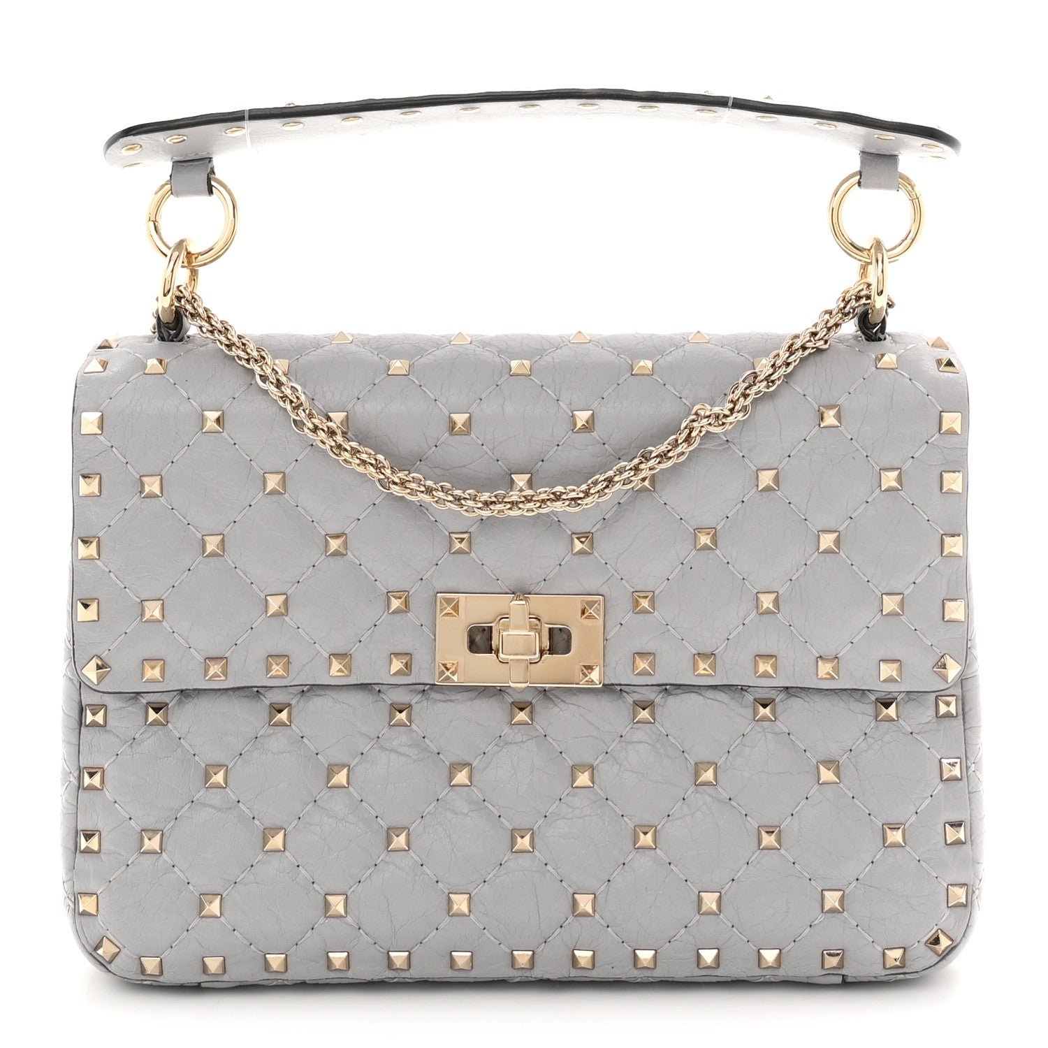 Valentino Garavani Craquele Nappa Medium Rockstud Spike Shoulder Bag Pastel Grey