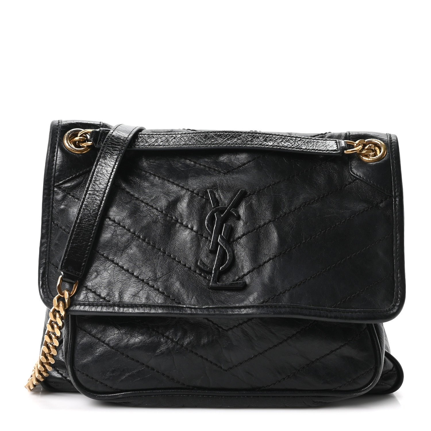 Saint Laurent Crinkled Calfskin Matelasse Monogram Medium Niki Chain Satchel Black