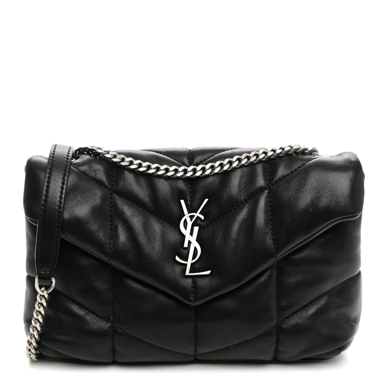 Saint Laurent Lambskin Quilted Toy Loulou Puffer Monogram Chain Satchel Black