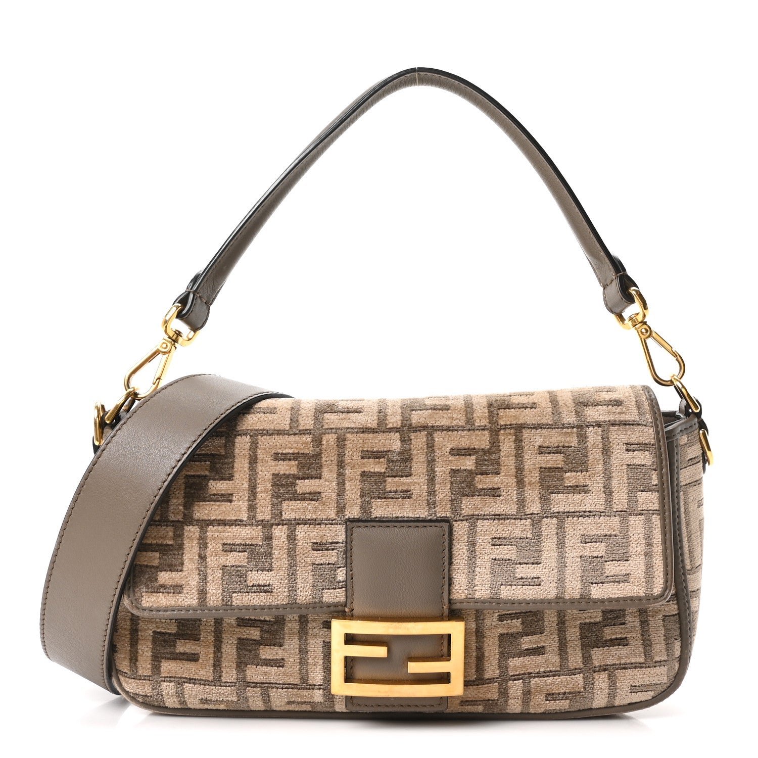 Fendi Chenille Vitello Seta FF Embroidered Baguette Tortora