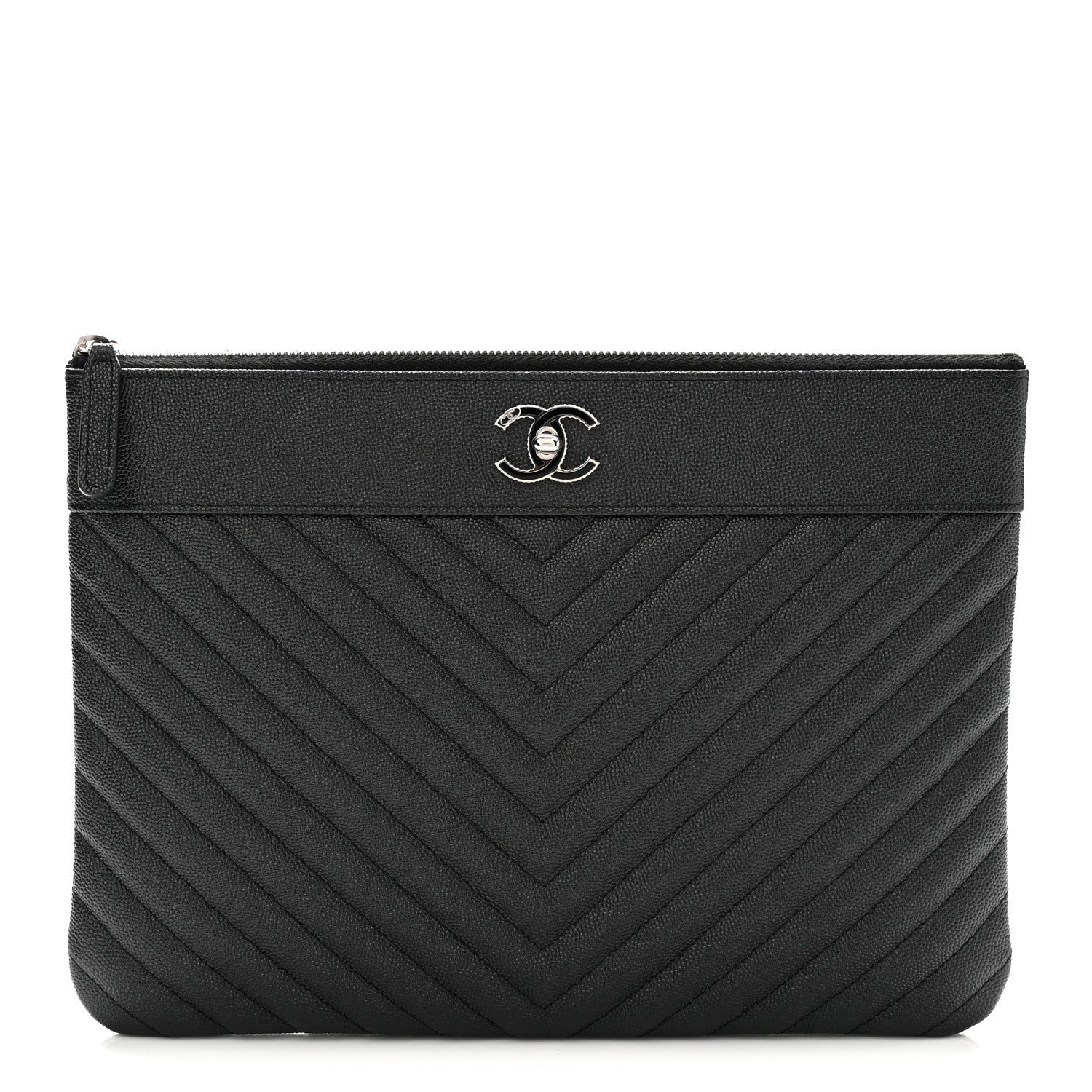 Chanel Metallic Caviar Chevron Quilted Vintage Mademoiselle Large Zip Pouch Charcoal
