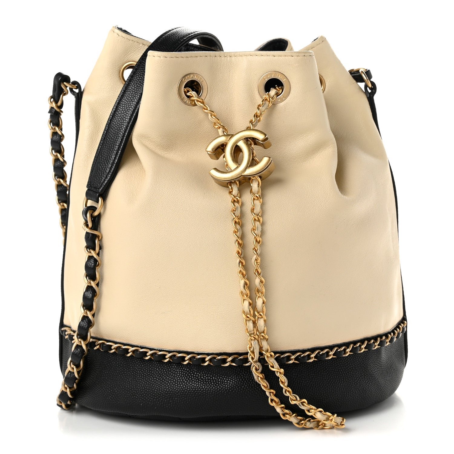 Chanel Lambskin Caviar Lovely Chains Drawstring Bag Beige Black