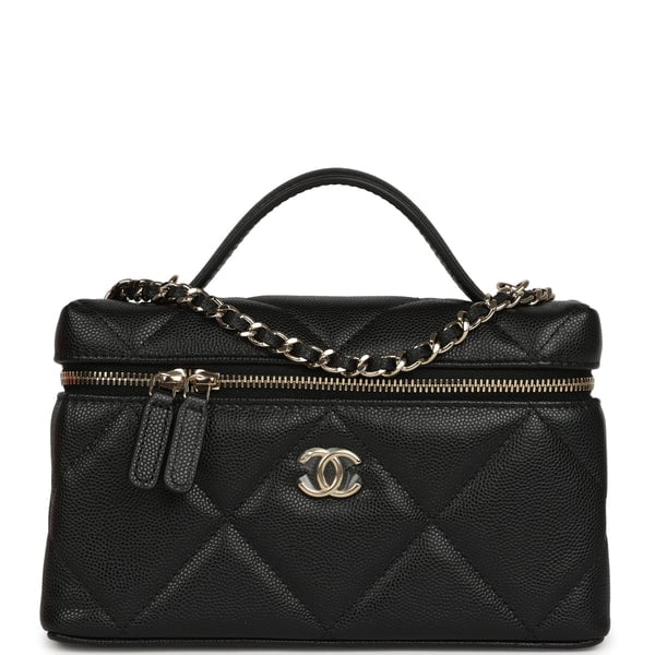 Chanel Top Handle Long Vanity Case with Chain Black Shiny Caviar Light Gold Hardware