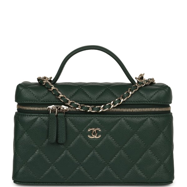 Chanel Top Handle Long Vanity Case with Chain Dark Green Caviar Light Gold Hardware