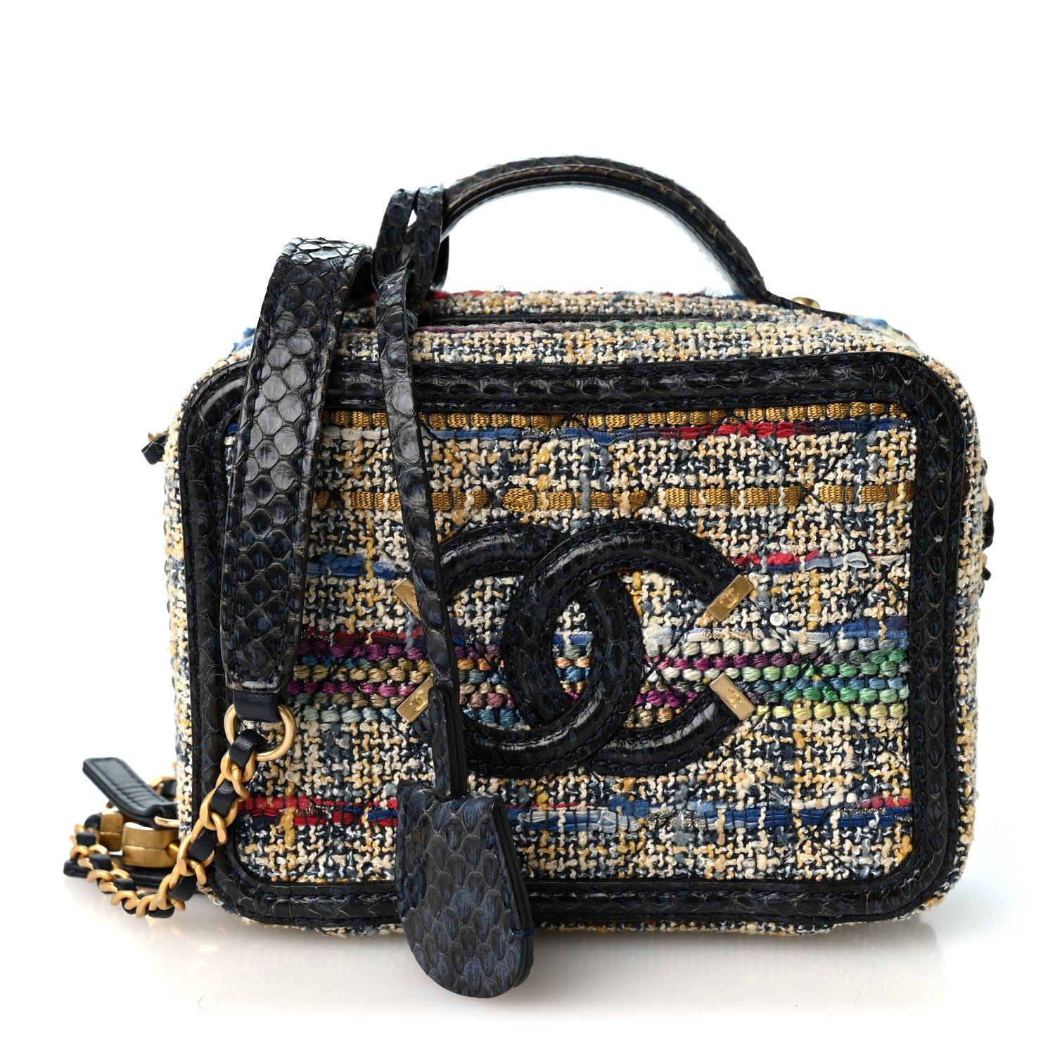 Chanel Tweed Snakeskin Quilted Small CC Filigree Vanity Case Navy Multicolor