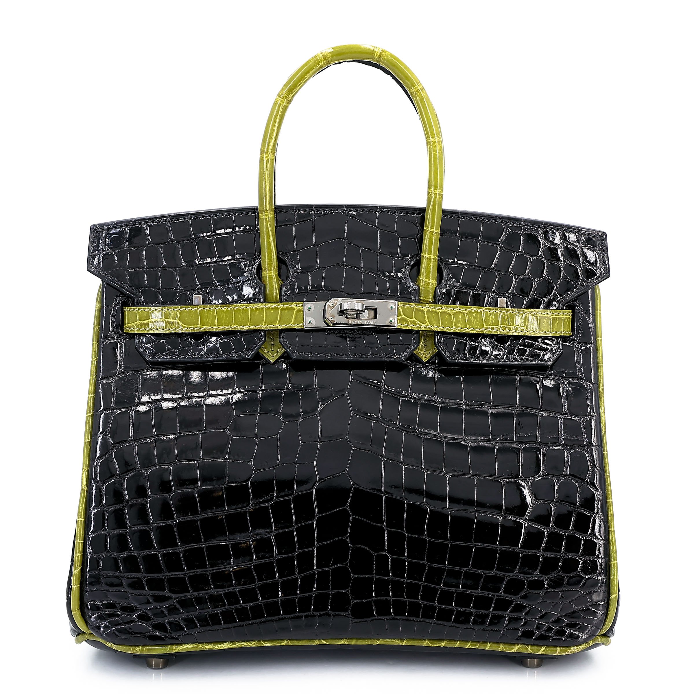 Hermes Excellent ( Rank SA ) HERMÈS Birkin 25 Noir (89) Apple Green (62) Shiny Niloticus Crocodile Palladium hardware Square I (2005)