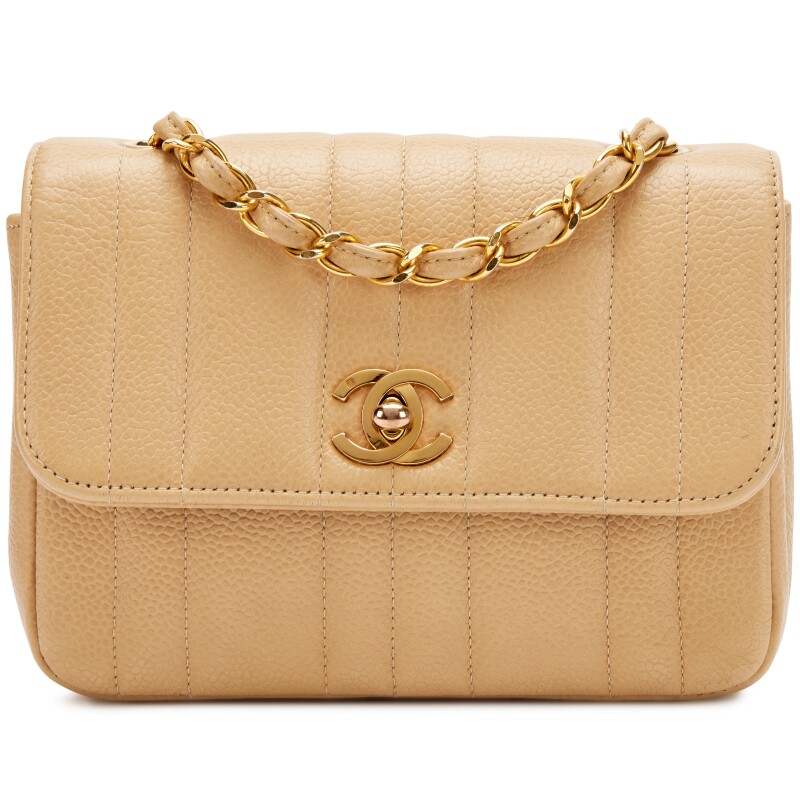 Vintage Beige Vertical Quilted Caviar Mini Flap Bag Gold Hardware, 1994-1996
