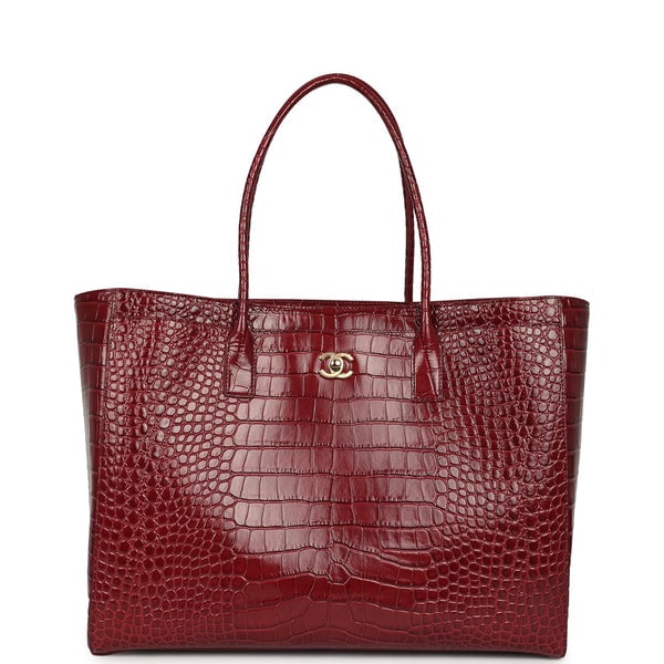 Chanel Large Cerf Shopping Bag Burgundy Crocodile Embossed Calfskin Gold Hardware