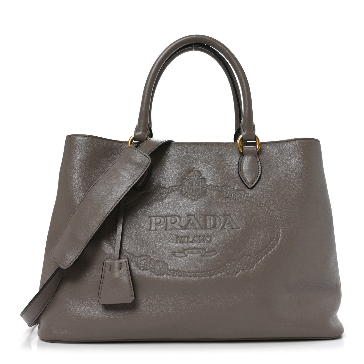 Prada Glace Calfskin Embossed Logo Tote Argilla