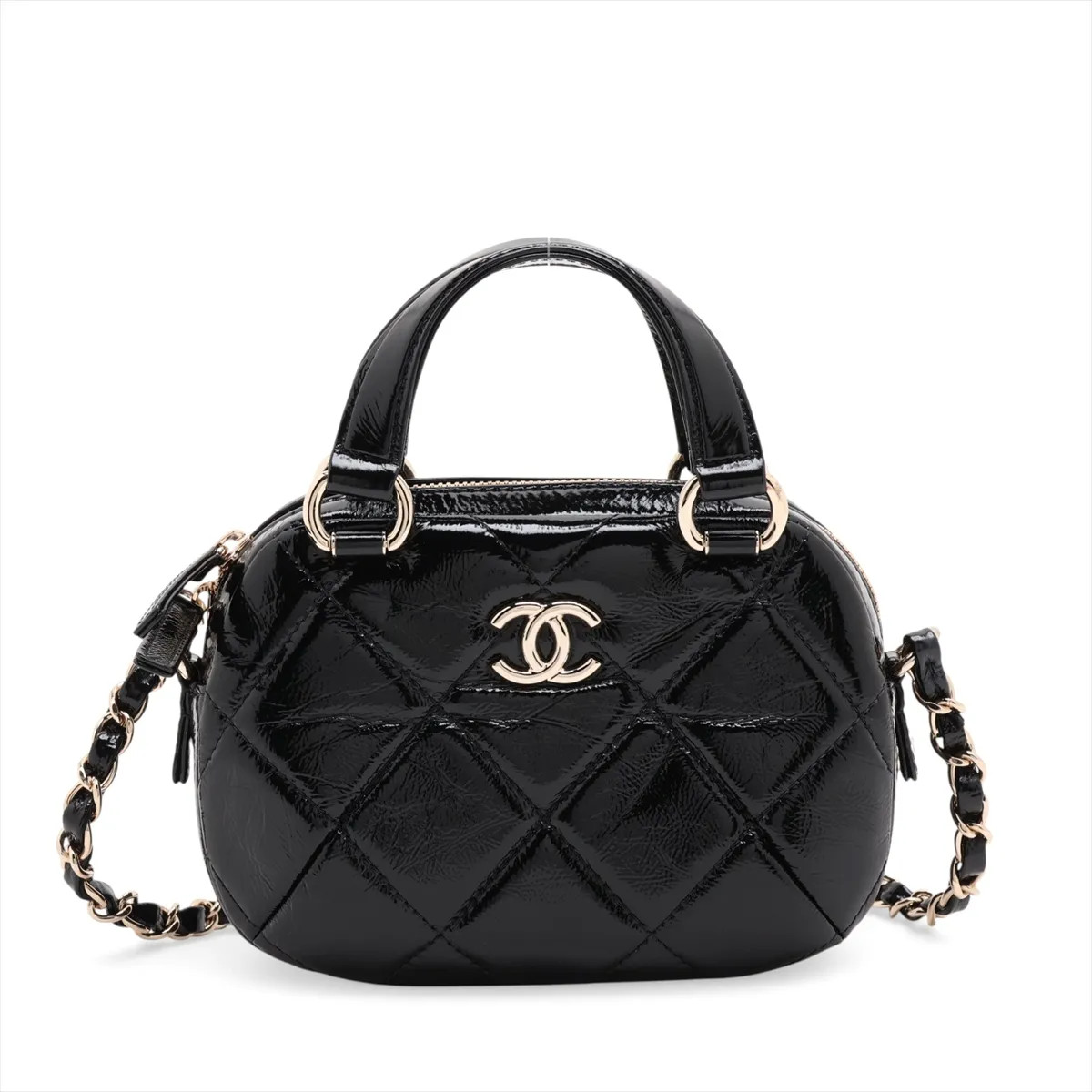 Chanel Matelasse Patent Leather 2 Way Shoulder Bag Black Gold Metal Fittings ran