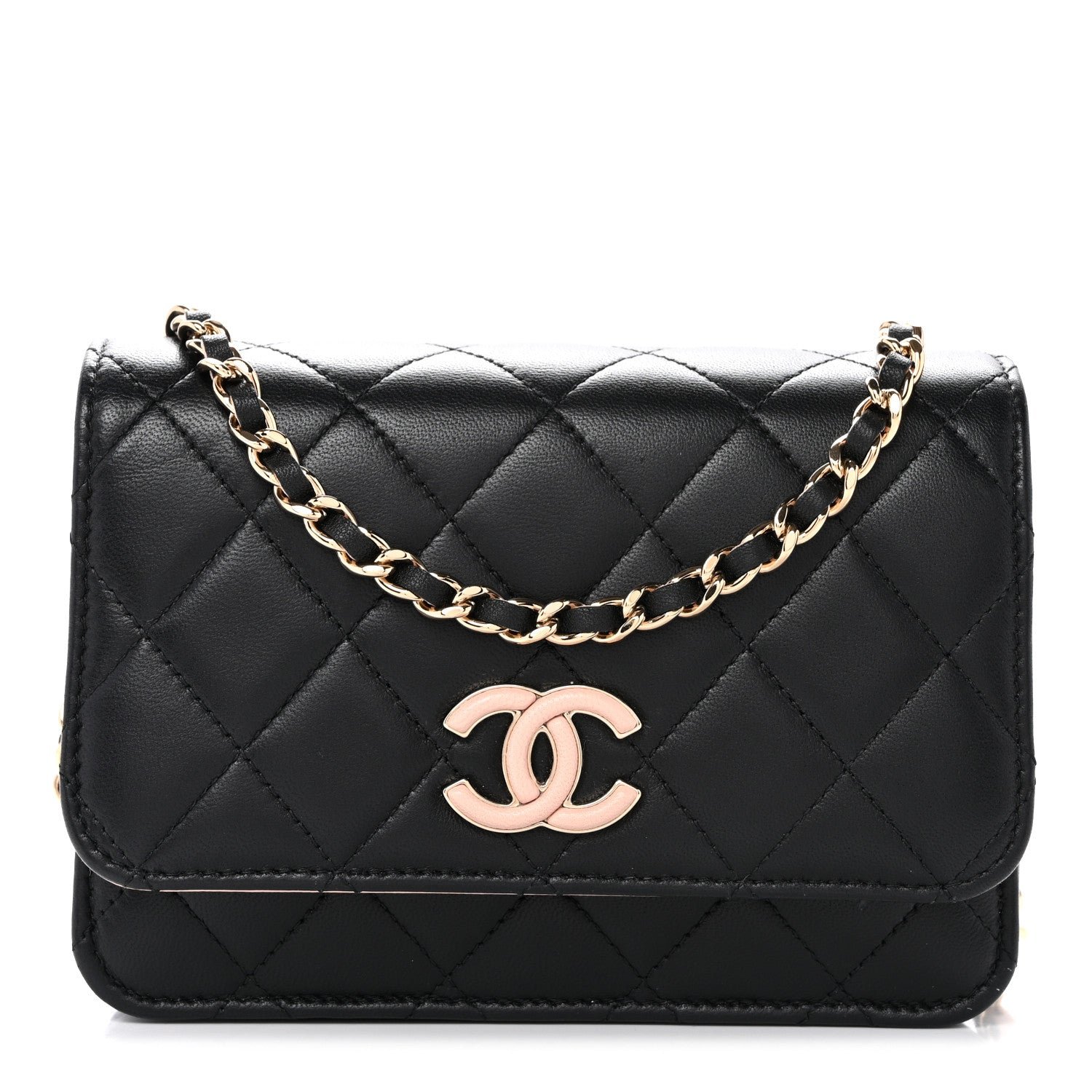 Chanel Lambskin Quilted Mini Wallet on Chain WOC Black Pink