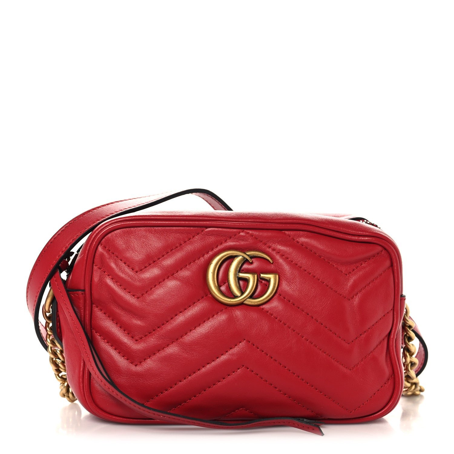 Gucci Calfskin Matelasse Mini GG Marmont Chain Shoulder Bag Hibiscus Red