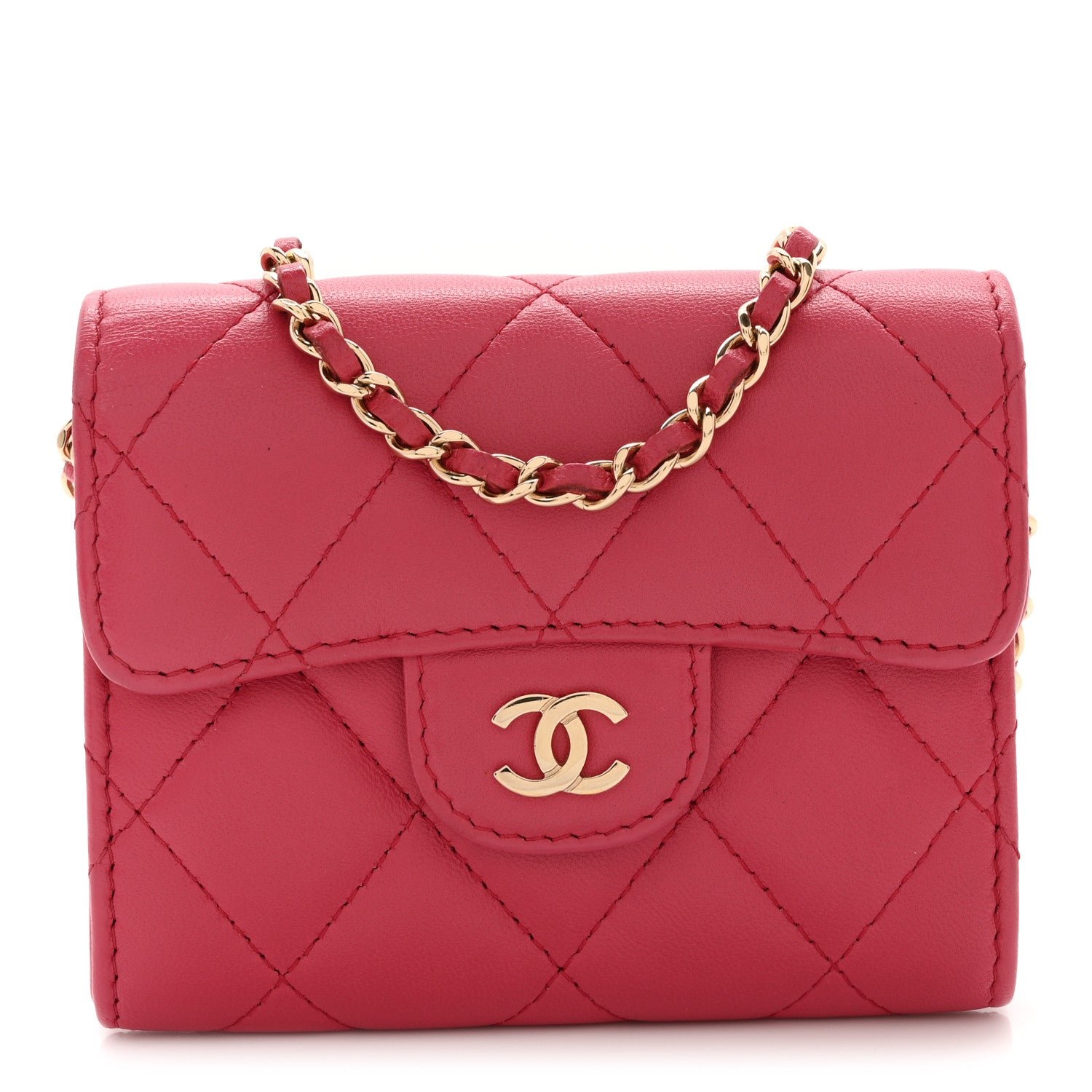 Chanel Lambskin Quilted Flap Card Holder On Chain Pink