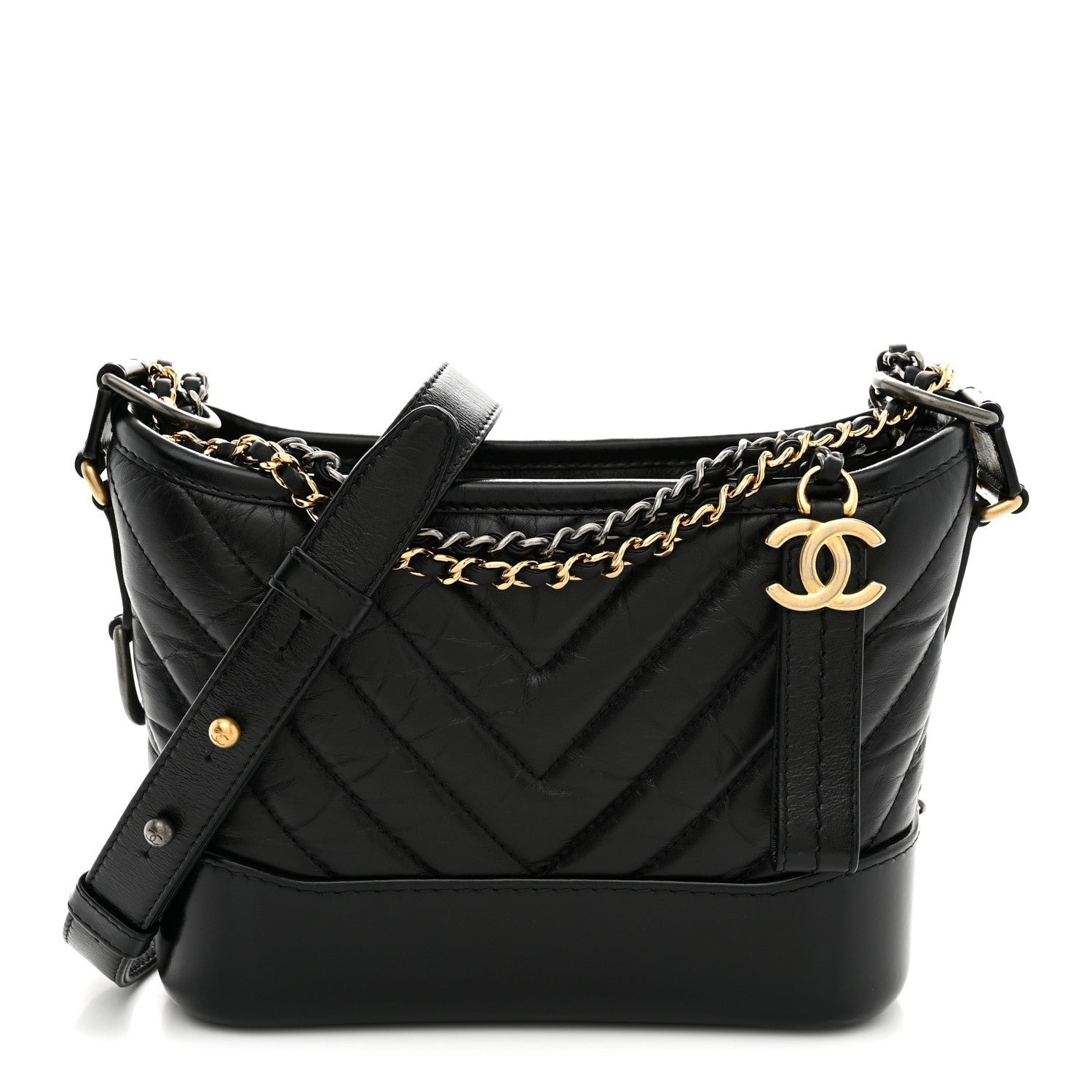 Chanel Aged Calfskin Chevron Quilted Small Gabrielle Hobo Black Black