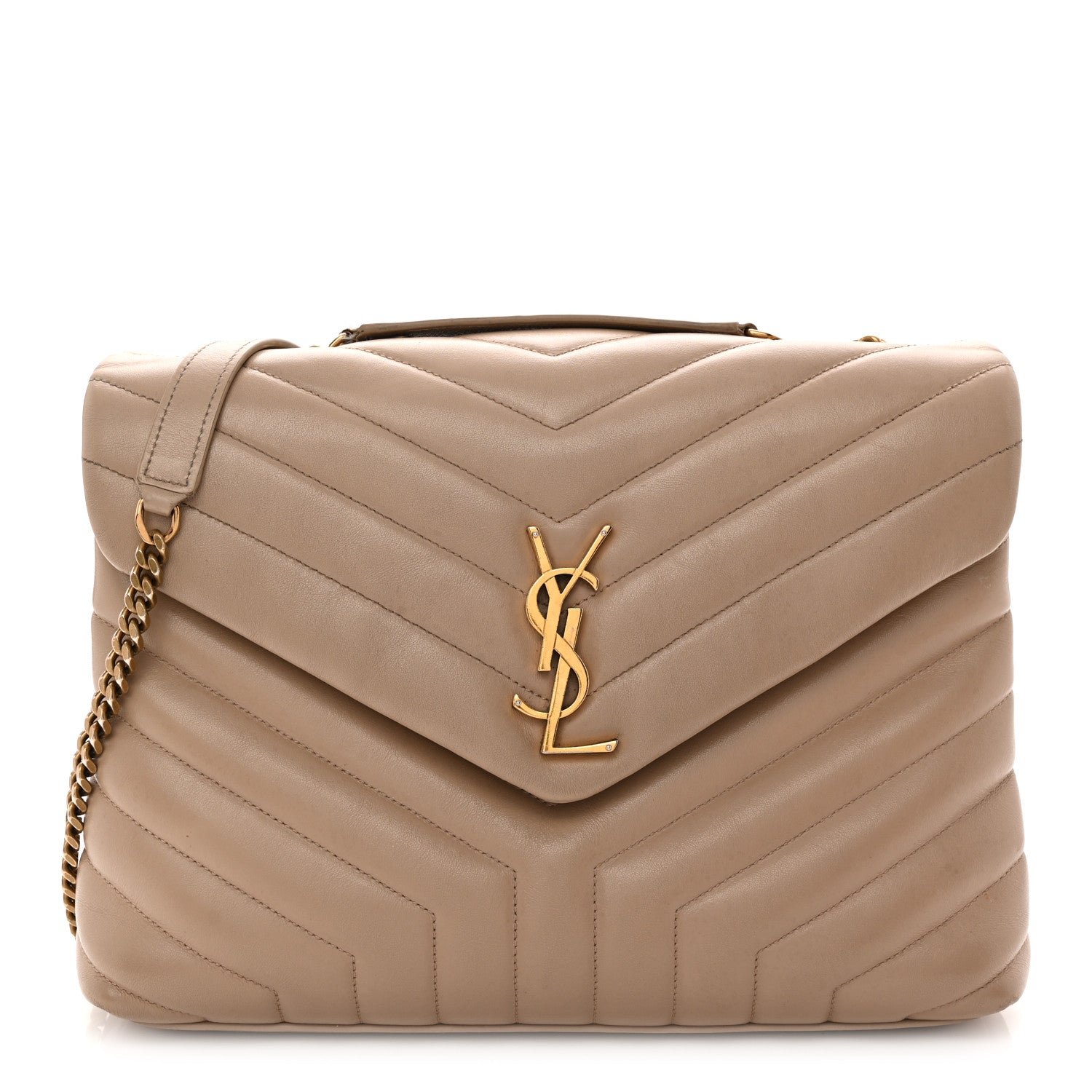 Saint Laurent Calfskin Y Quilted Monogram Medium Loulou Chain Satchel Dark Beige
