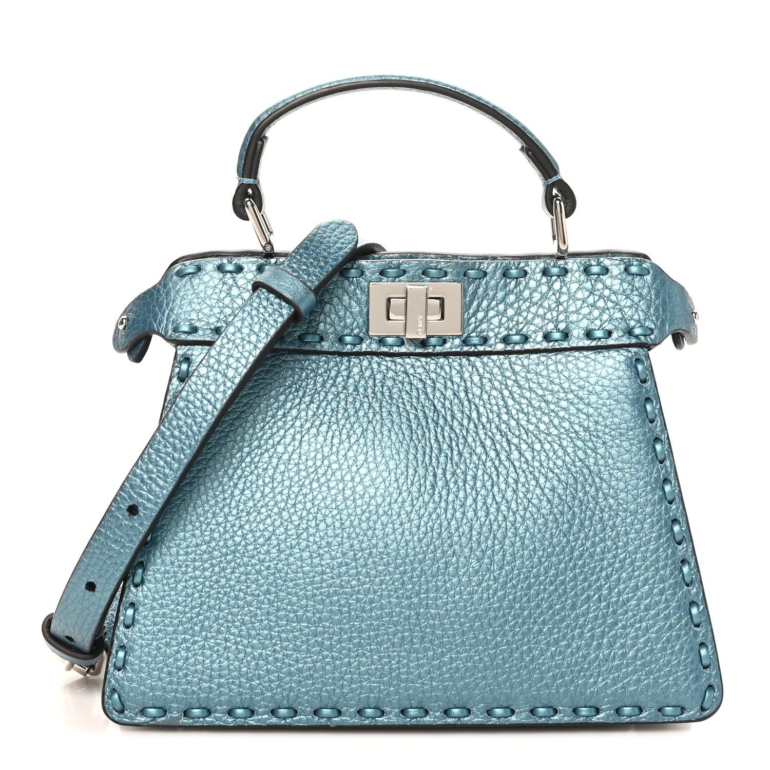 Fendi Metallic Cuoio Roma Sellerissima Nappa Sintetica Tape Stitch Petite Peekaboo I SEE U Iconic Satchel Placca Argento