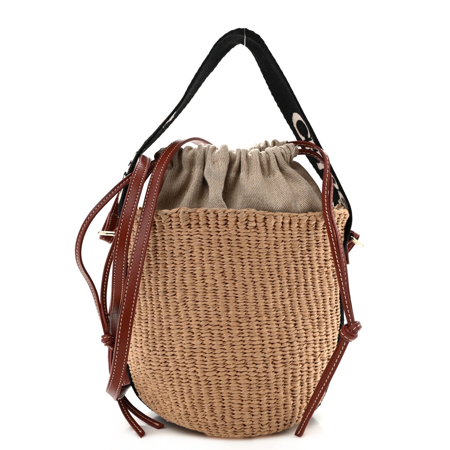 Chloe X MIFUKO Raffia Calfskin Small Woody Basket Shoulder Bag Black Beige
