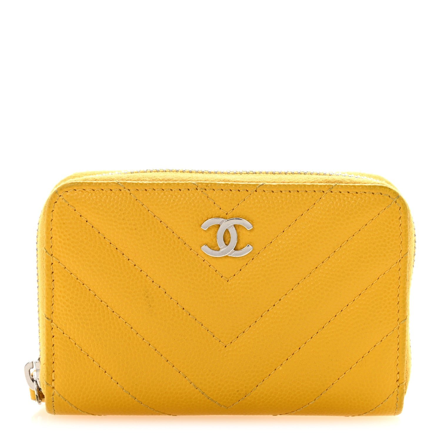 Chanel Caviar Chevron Quilted Zip Coin Purse Yellow