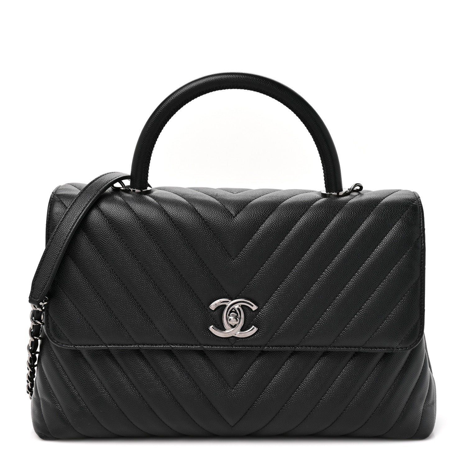 Chanel Caviar Chevron Quilted Medium Coco Handle Flap Black