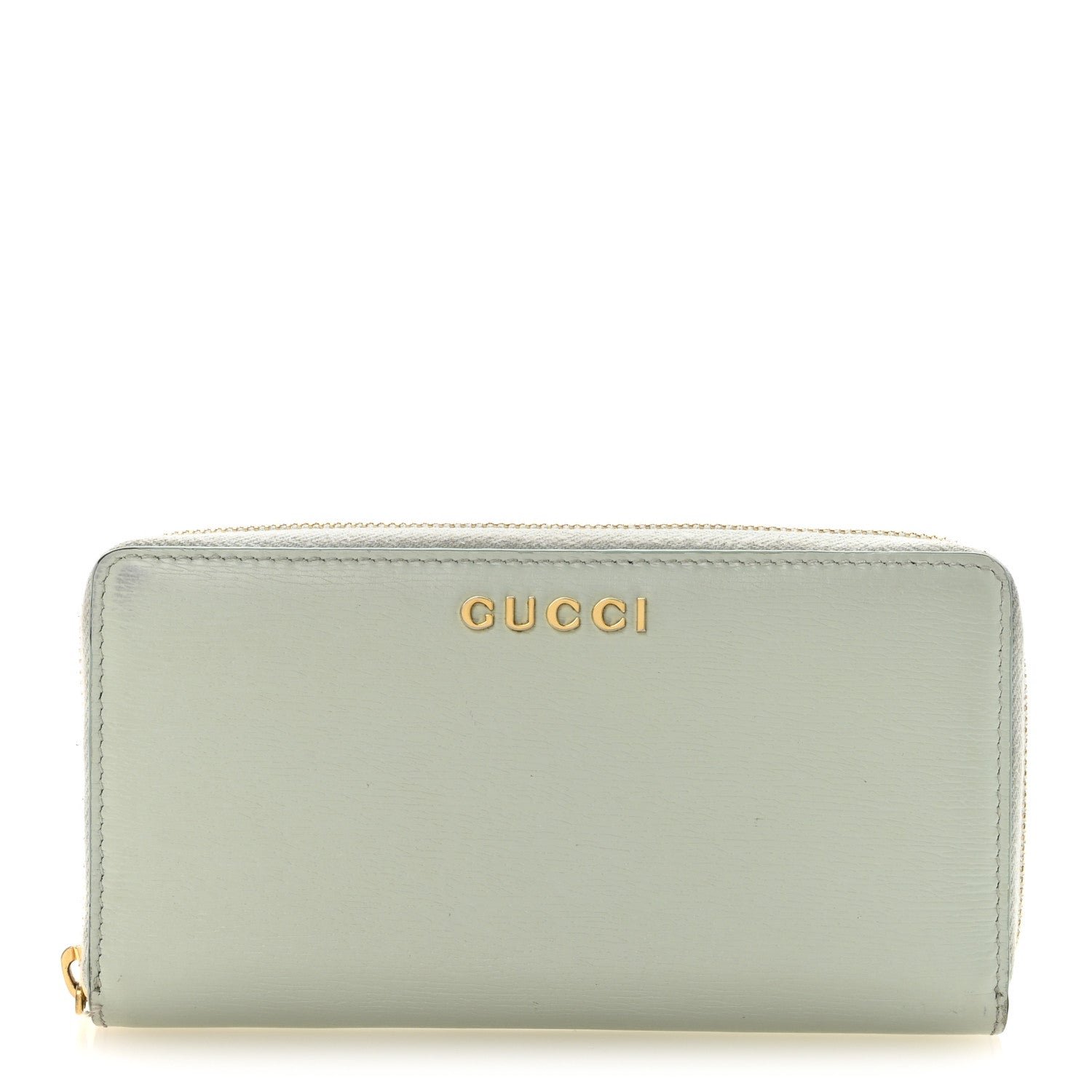 Gucci Gucci Textured Calfskin Gucci Script Zip Around Wallet Light Blue