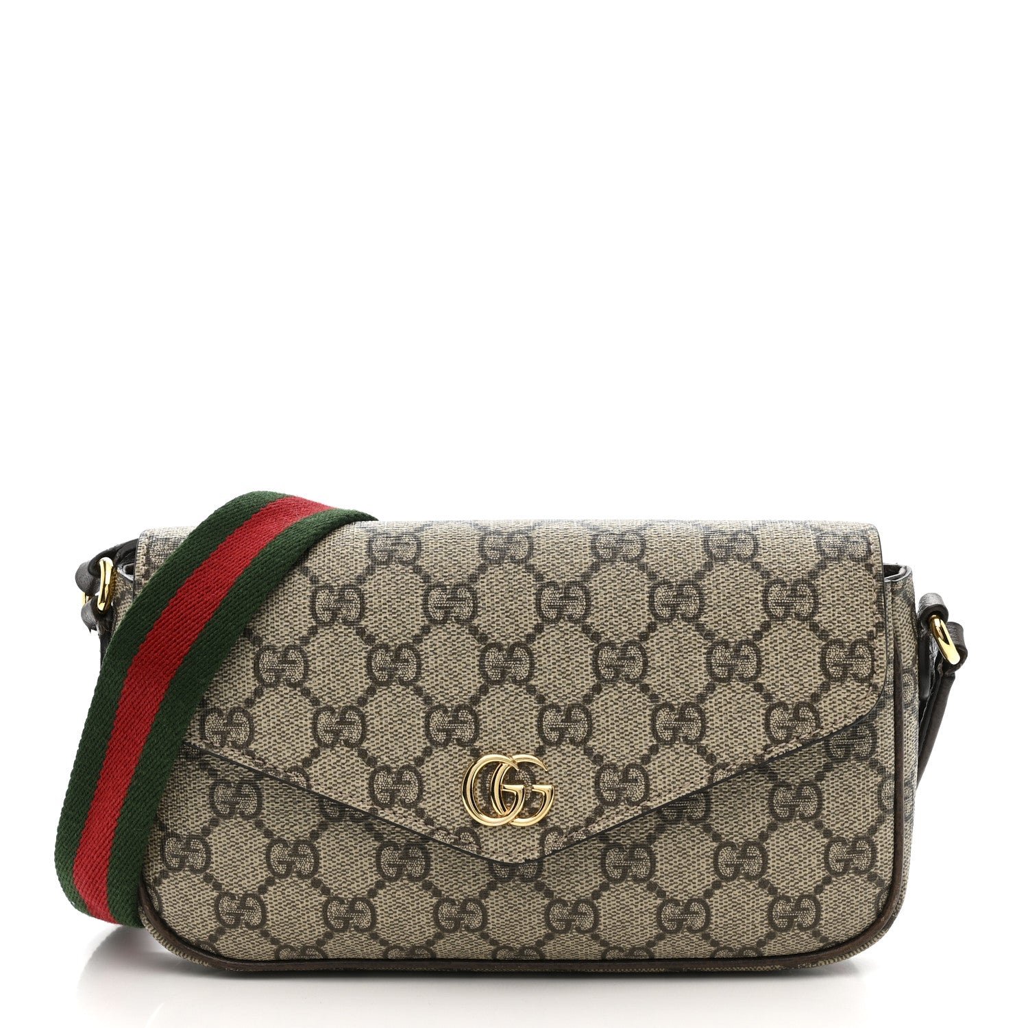 Gucci GG Supreme Monogram Textured Dollar Calfskin Web Mini Ophidia Envelope Shoulder Bag Beige Ebony New Acero