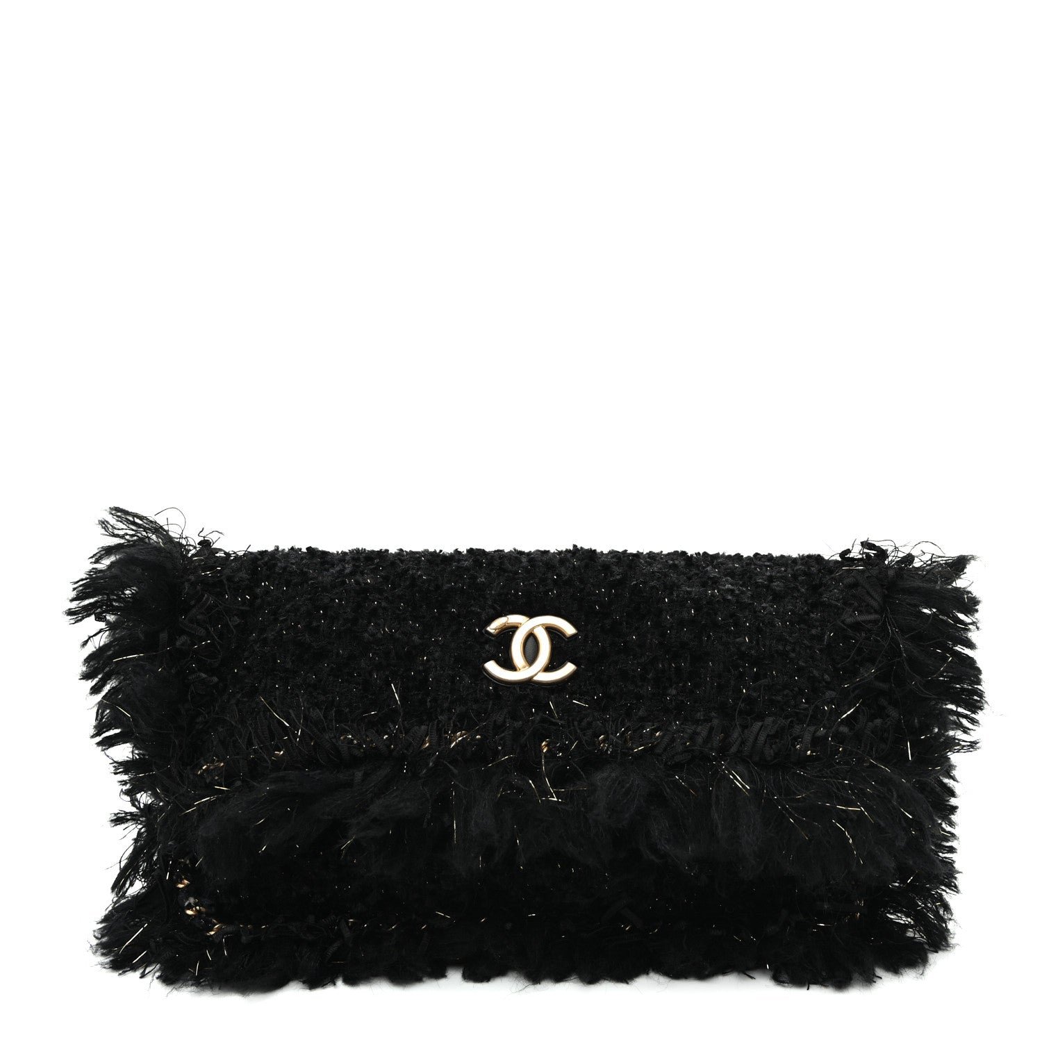 Chanel Tweed Fringe Quilted Chain Around Flap Clutch Black Gold