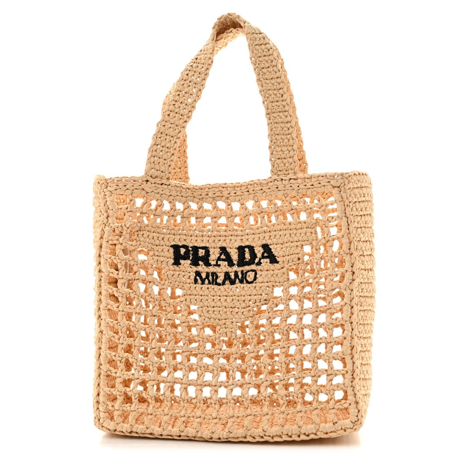Prada Yarn Raffia Effect Crochet Logo Embroidered Small Tote Bag Naturale