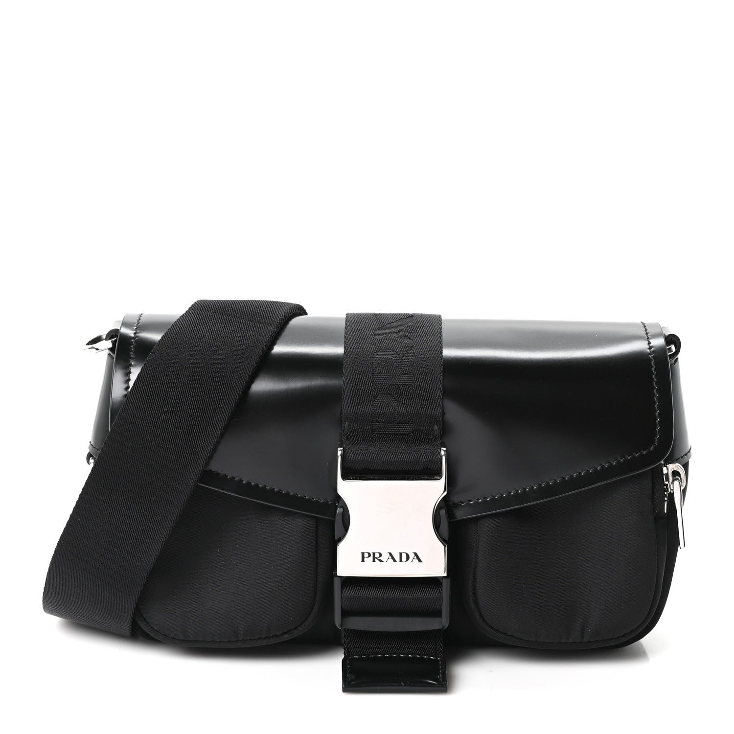 Prada Re-Nylon Spazzolato Double Pocket Buckle Shoulder Bag Black