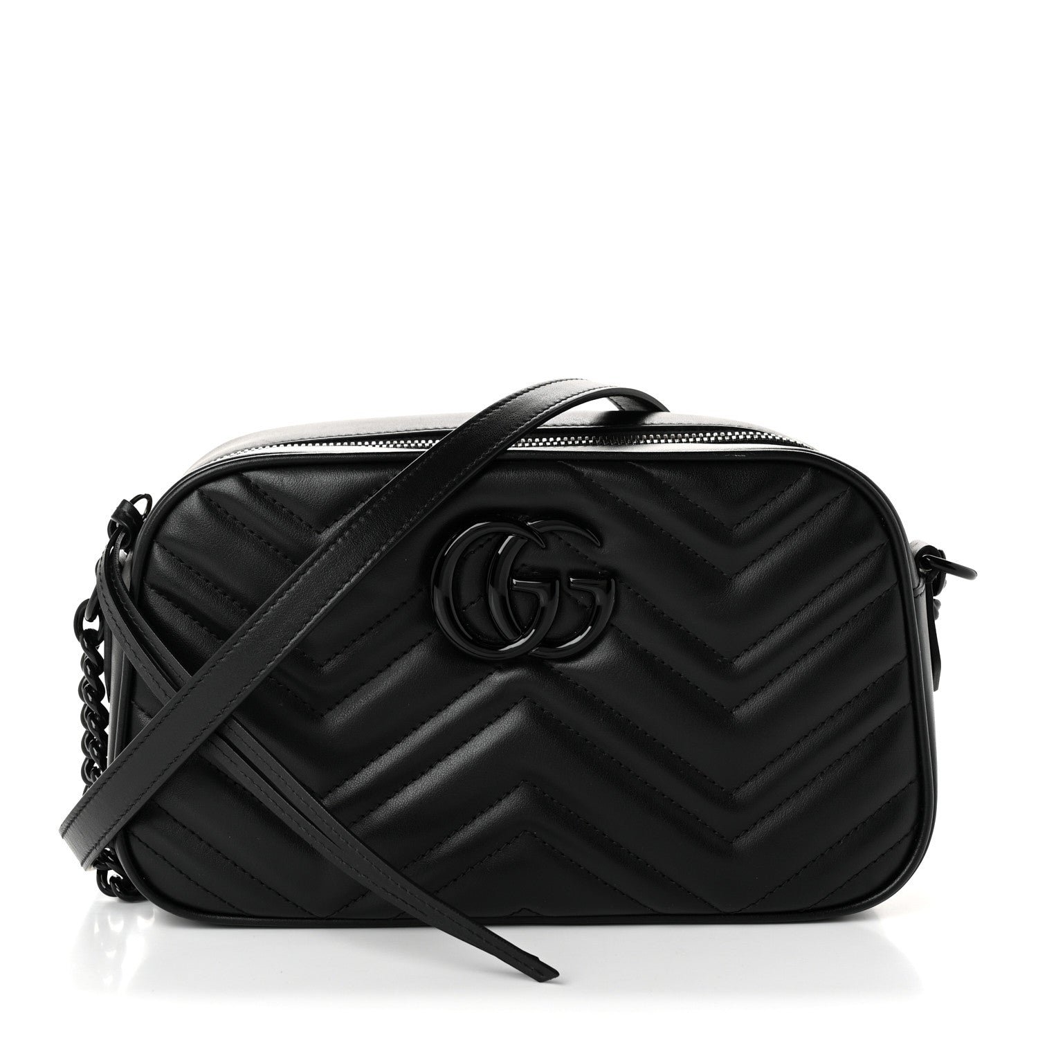 Gucci Calfskin Matelasse Monochrome Small GG Marmont Chain Shoulder Bag Black