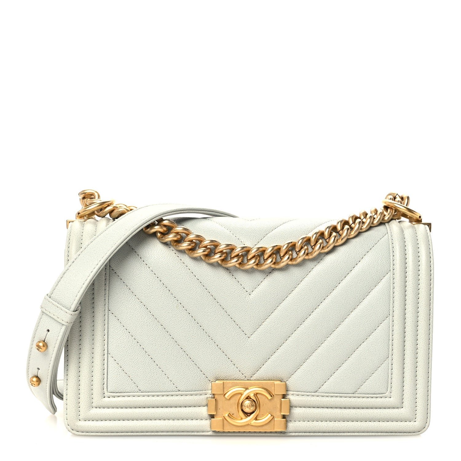 Chanel Caviar Chevron Quilted Medium Boy Flap Light Grey