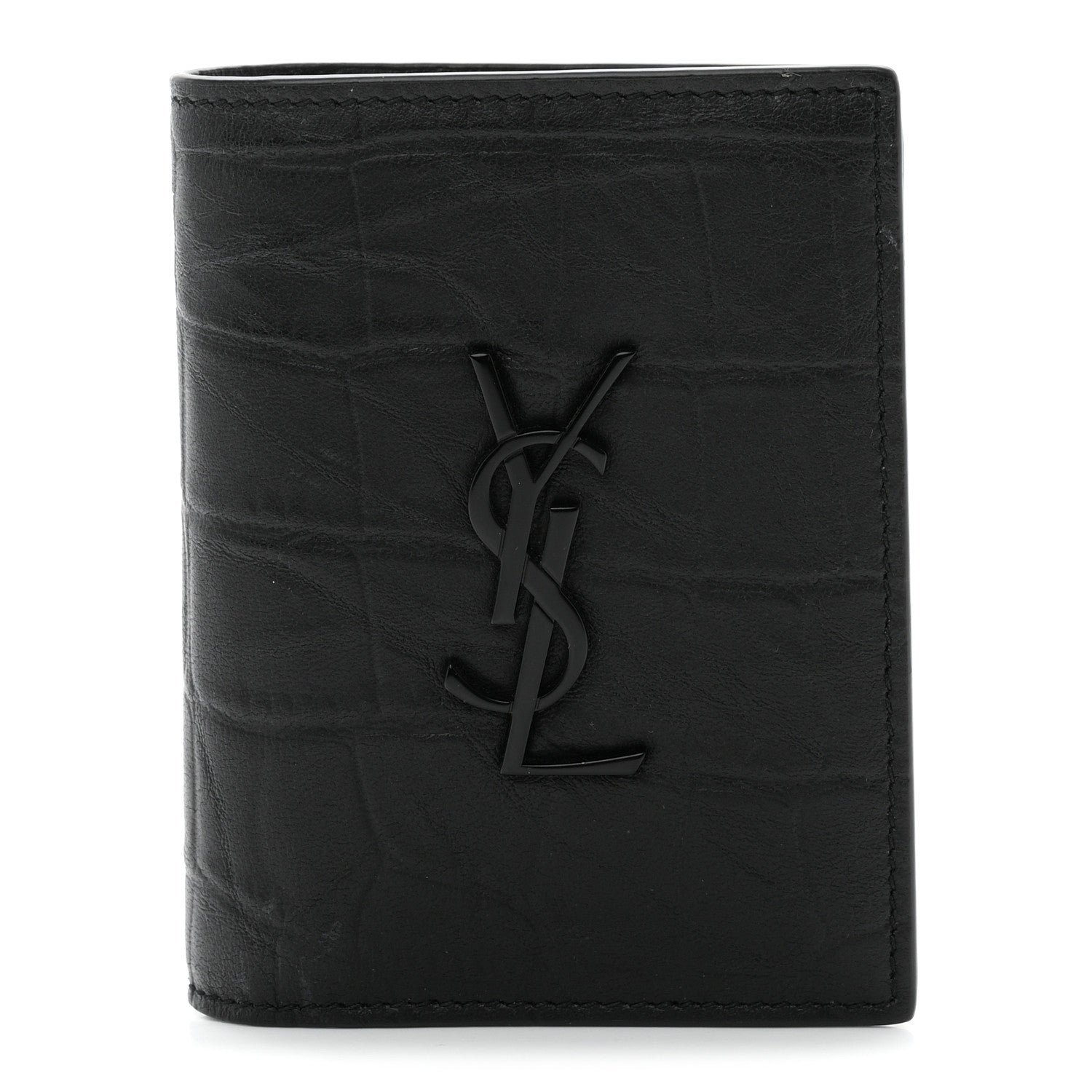 Saint Laurent Saint Laurent Crocodile Embossed Calfskin Cassandre Credit Card Wallet Black