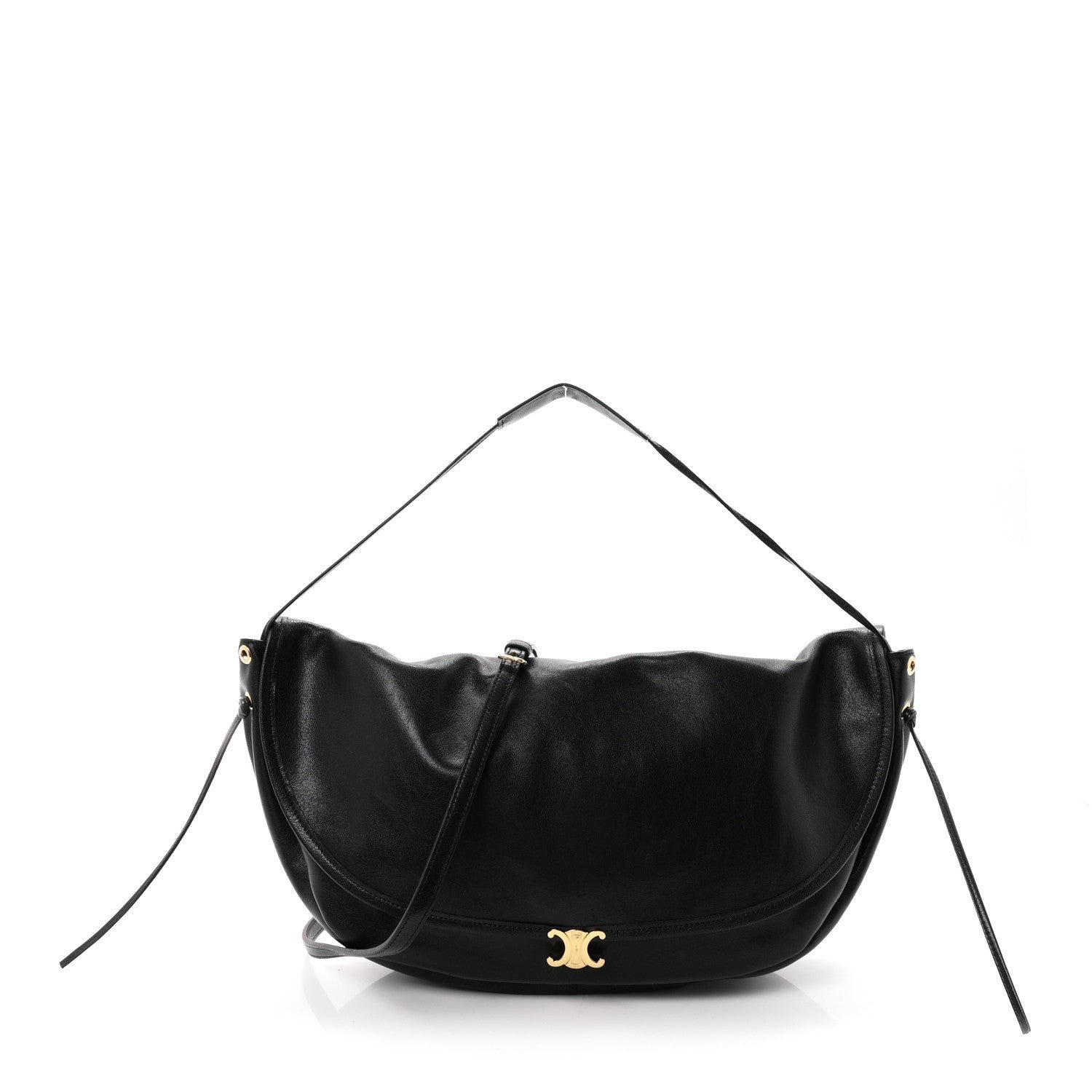 Celine Shiny Lambskin Soft Triomphe Half Moon Bag Black