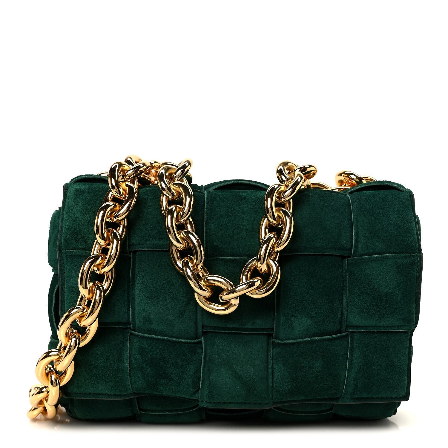 Bottega Veneta Suede Maxi Intrecciato Padded Chain Cassette Crossbody Bag Emerald Green