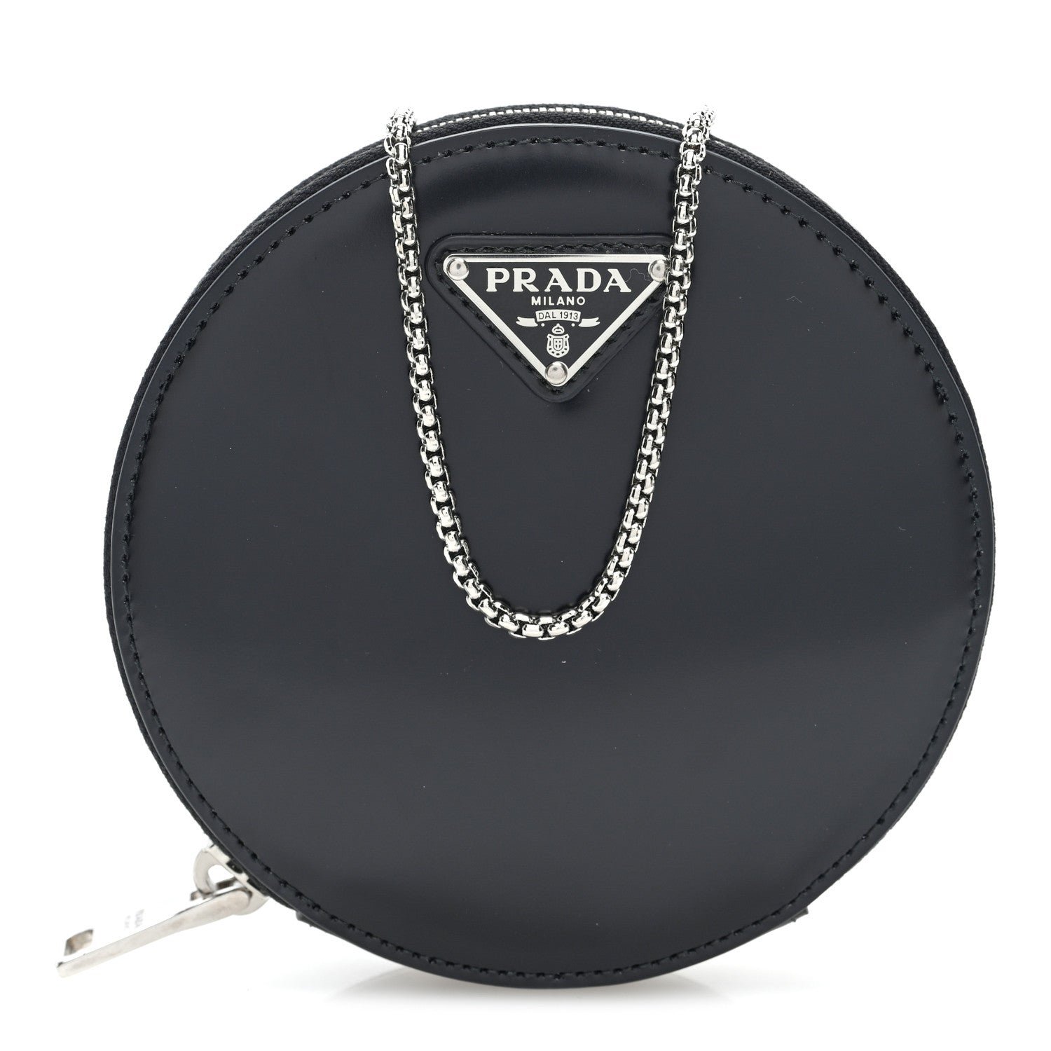 Prada Spazzolato Round Chain Coin Crossbody Pouch  Black