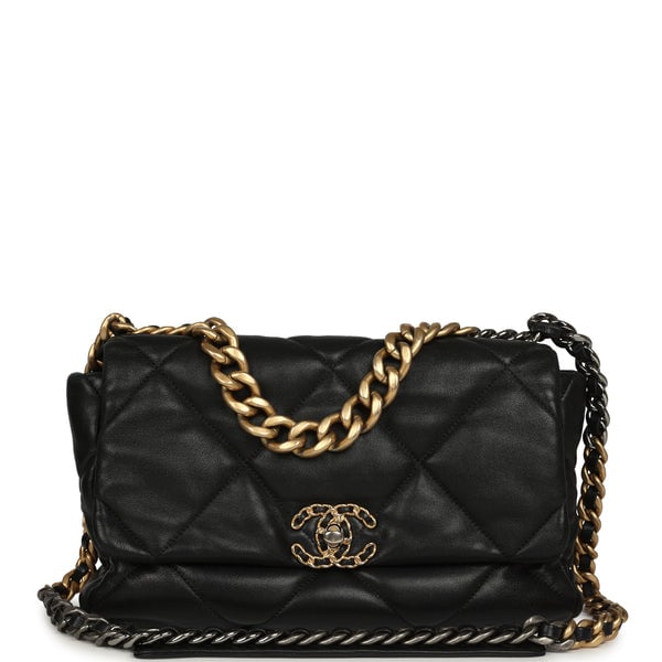 Pre-owned Chanel Large 19 Flap Bag Black Shiny Lambskin Mixed Metal Hardware
