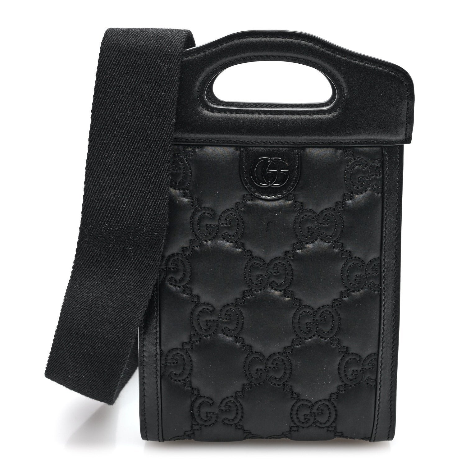Gucci Nylon Calfskin Enamel GG Matelasse Mini Top Slip Handle Crossbody Bag Black