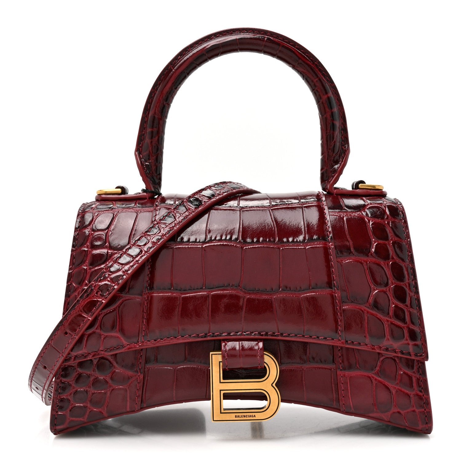 Balenciaga Shiny Calfskin Crocodile Embossed Hourglass Top Handle Bag XS Dark Red