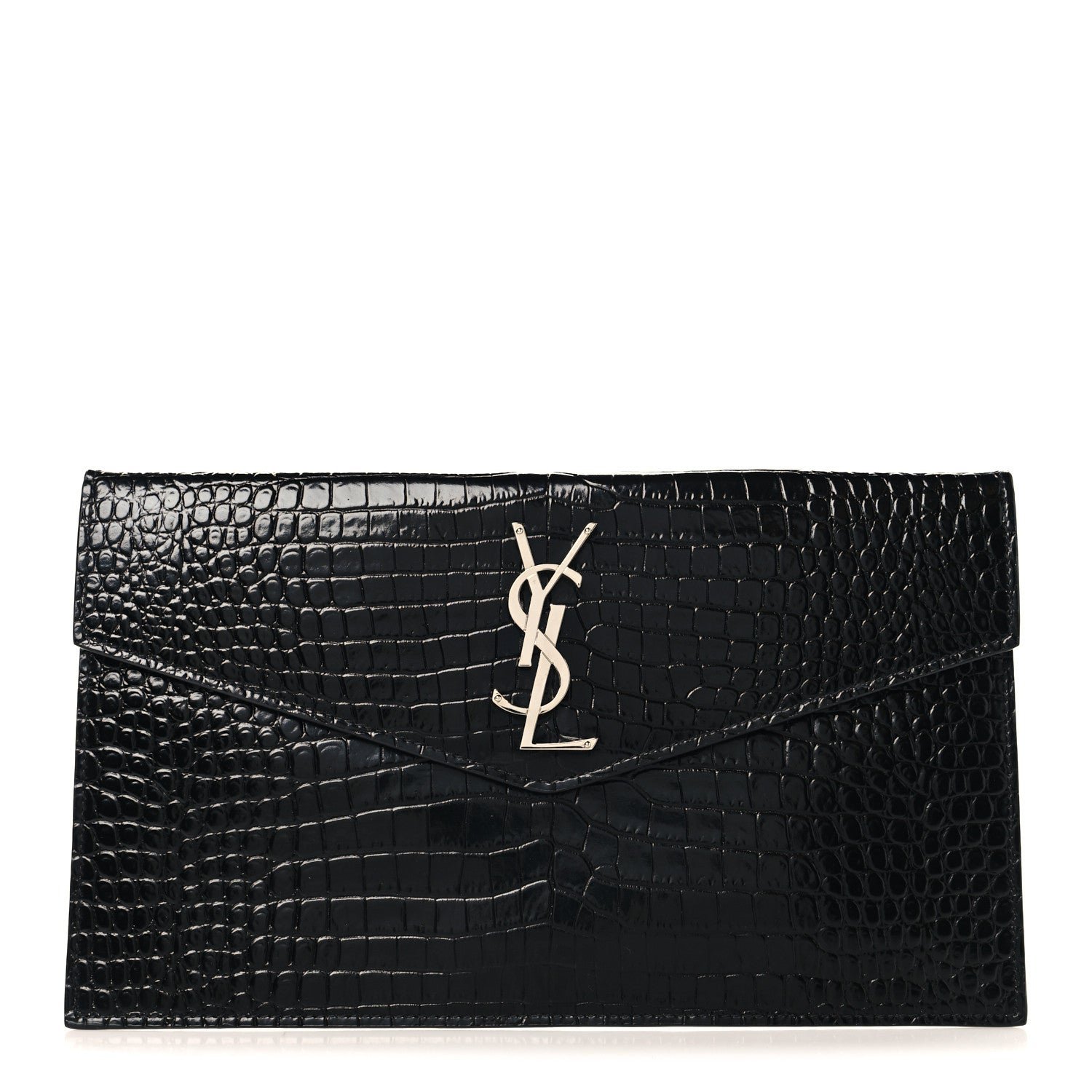 Saint Laurent Calfskin Crocodile Embossed Uptown Monogram Pouch Black