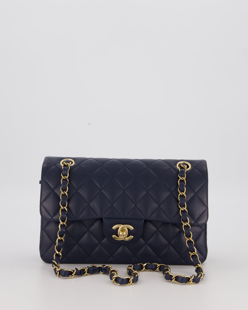 Chanel Navy Small Classic Double Flap Bag in Lambskin Leather with Champagne Gold Hardware
