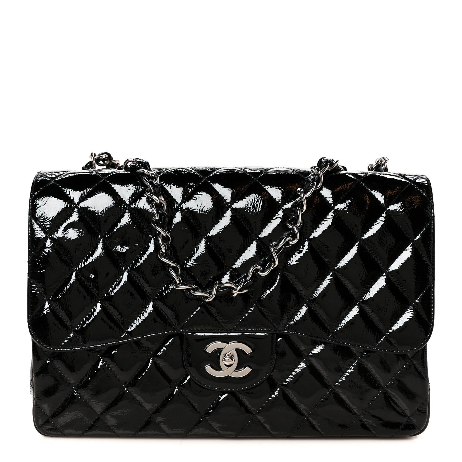 Chanel Distressed Patent Quilted Jumbo Single Flap Black