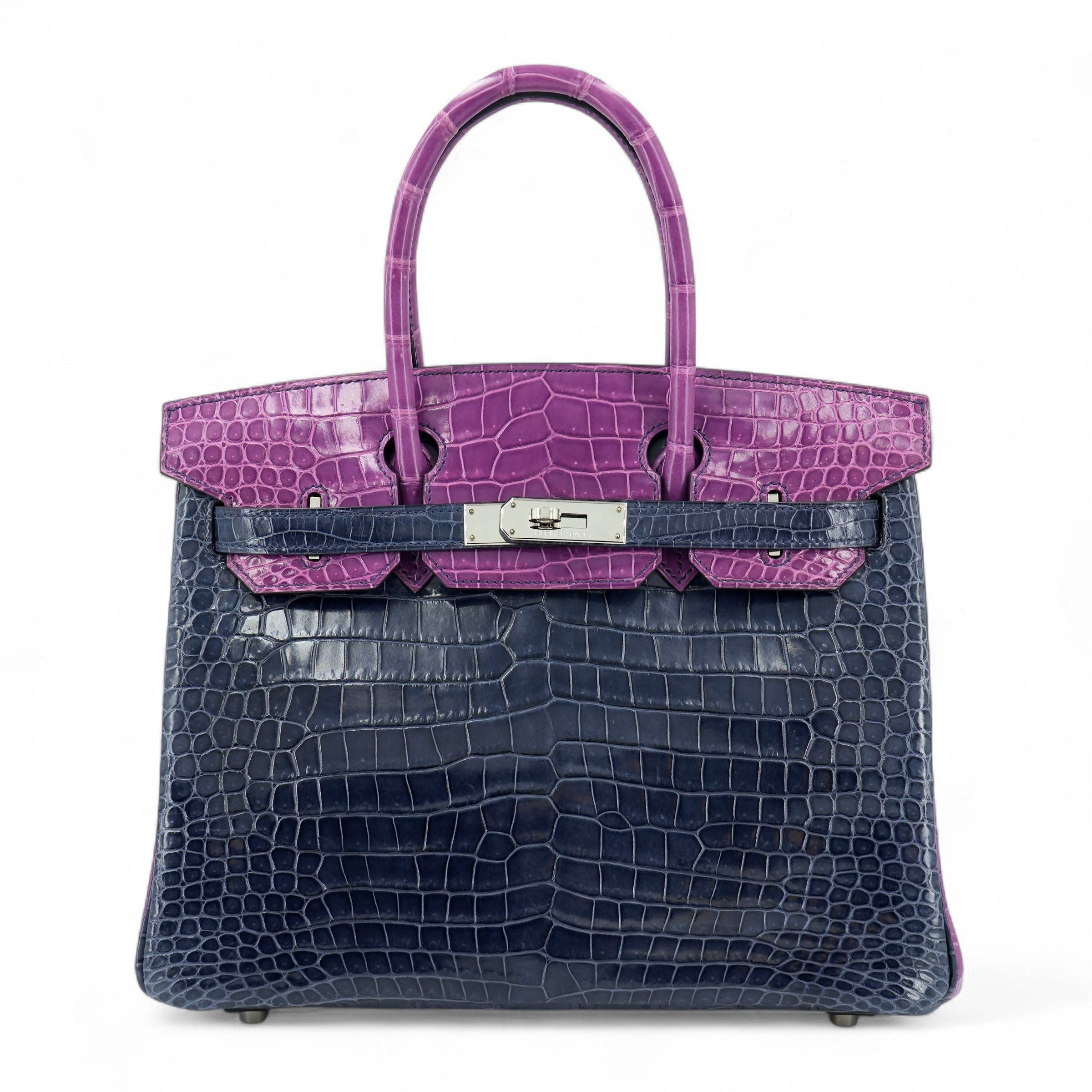 Hermes Excellent ( Rank SA ) HERMÈS Special Order Birkin 30 HSS Violine (5C) Bleu Orage (Y7) Shiny Porosus Crocodile Palladium hardware Square N (2010)