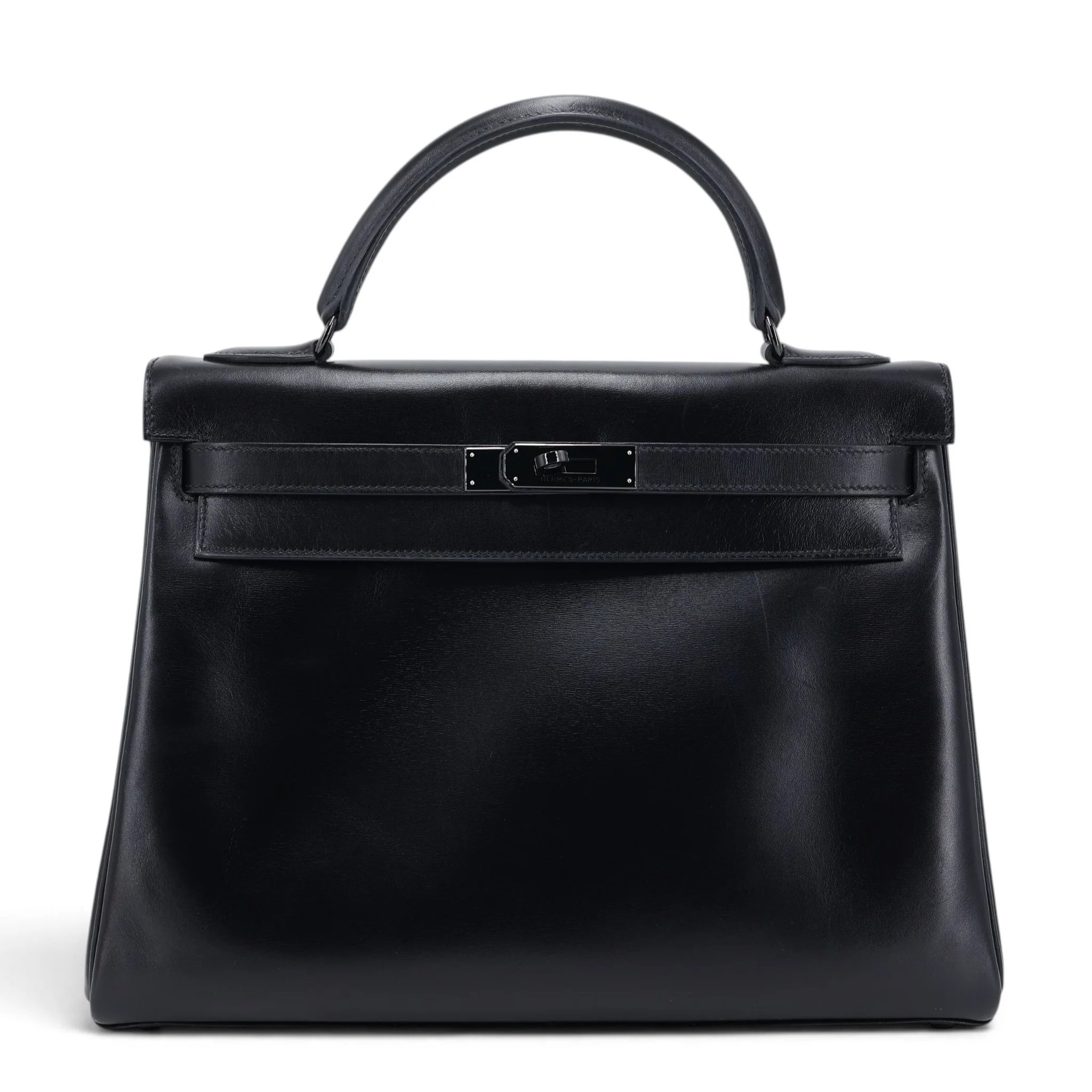 Very Good ( Rank A) HERMÈS Limited Edition Kelly 32 So Black Noir (89) Box-calf Black hardware Square N (2010)