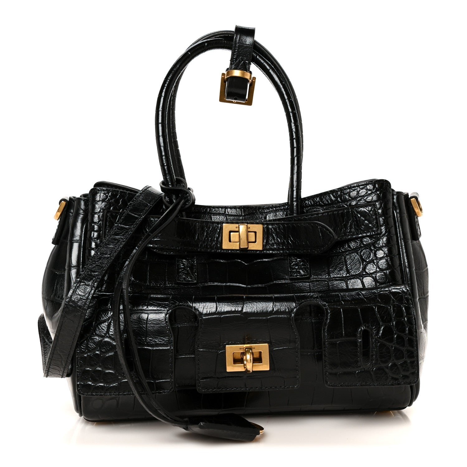 Balenciaga Calfskin Crocodile Embossed Mini Bel Air Carry All Bag Black