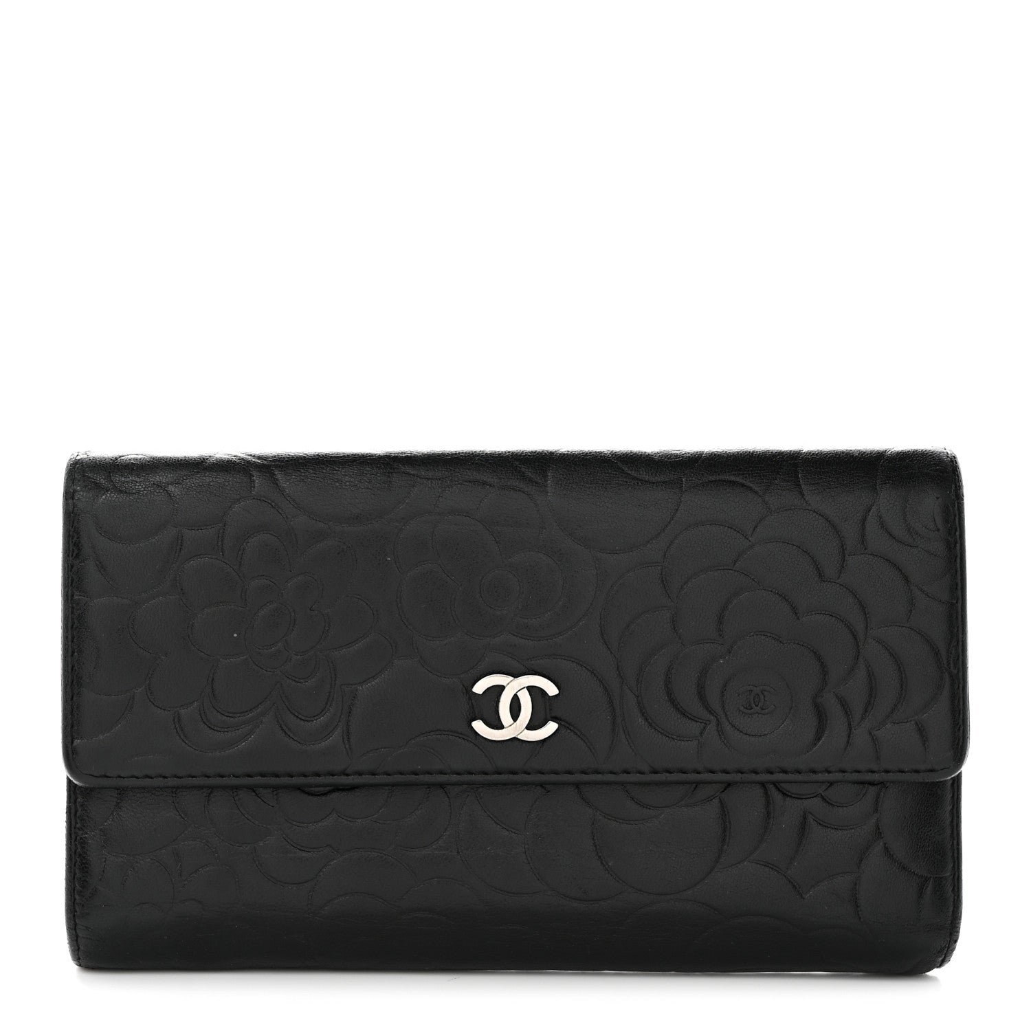 Chanel Lambskin Camellia Embossed Large Flap Wallet Black