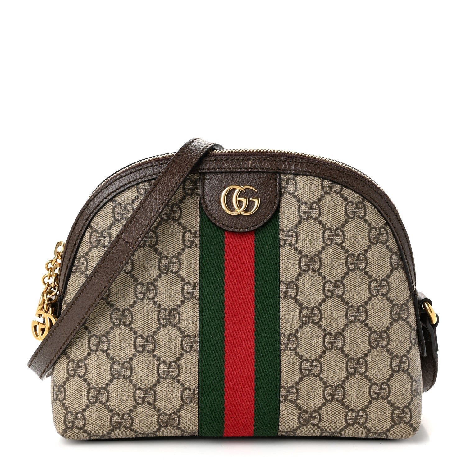 Gucci GG Supreme Monogram Textured Dollar Calfskin Web Small Ophidia Dome Shoulder Bag Beige Ebony New Acero