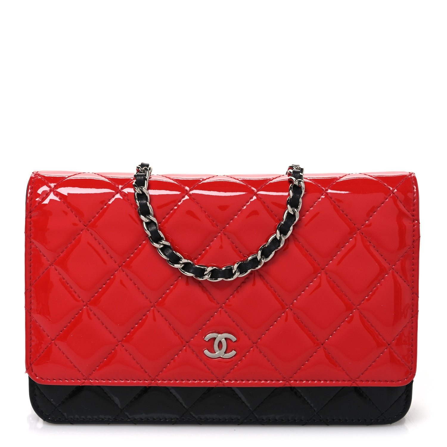 Chanel Patent Quilted Bi-Color Wallet On Chain WOC Red Black