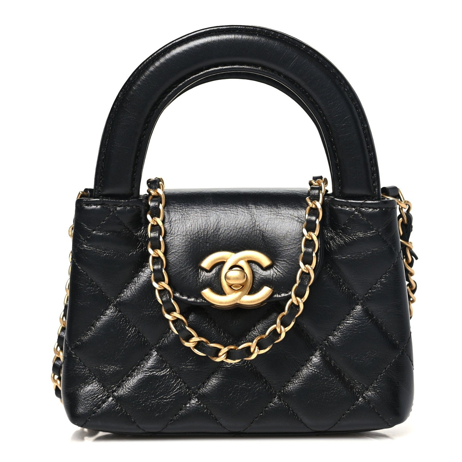 Chanel Shiny Aged Calfskin Quilted Mini Nano Kelly Shopper Black