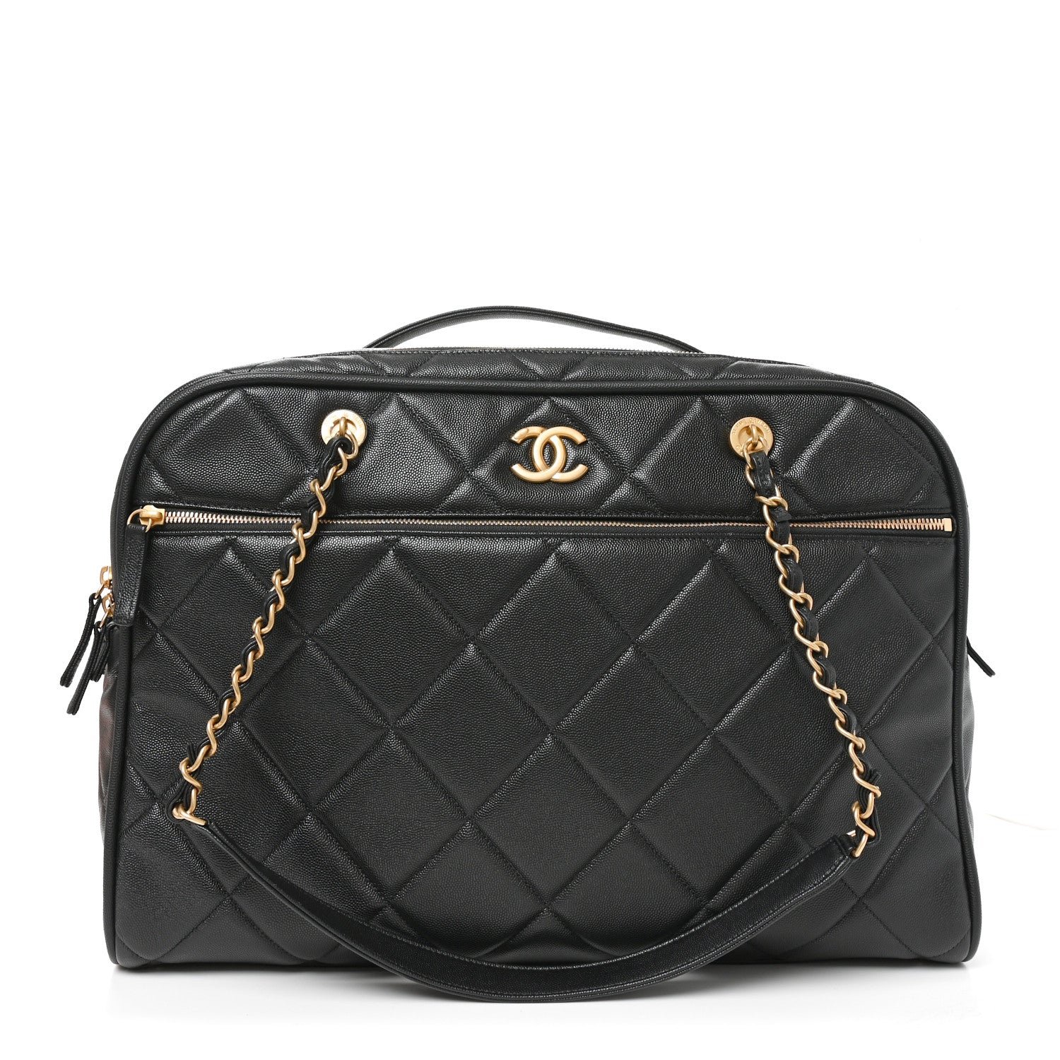 Chanel Shiny Grained Calfskin Quilted Travel Bowling Bag Black