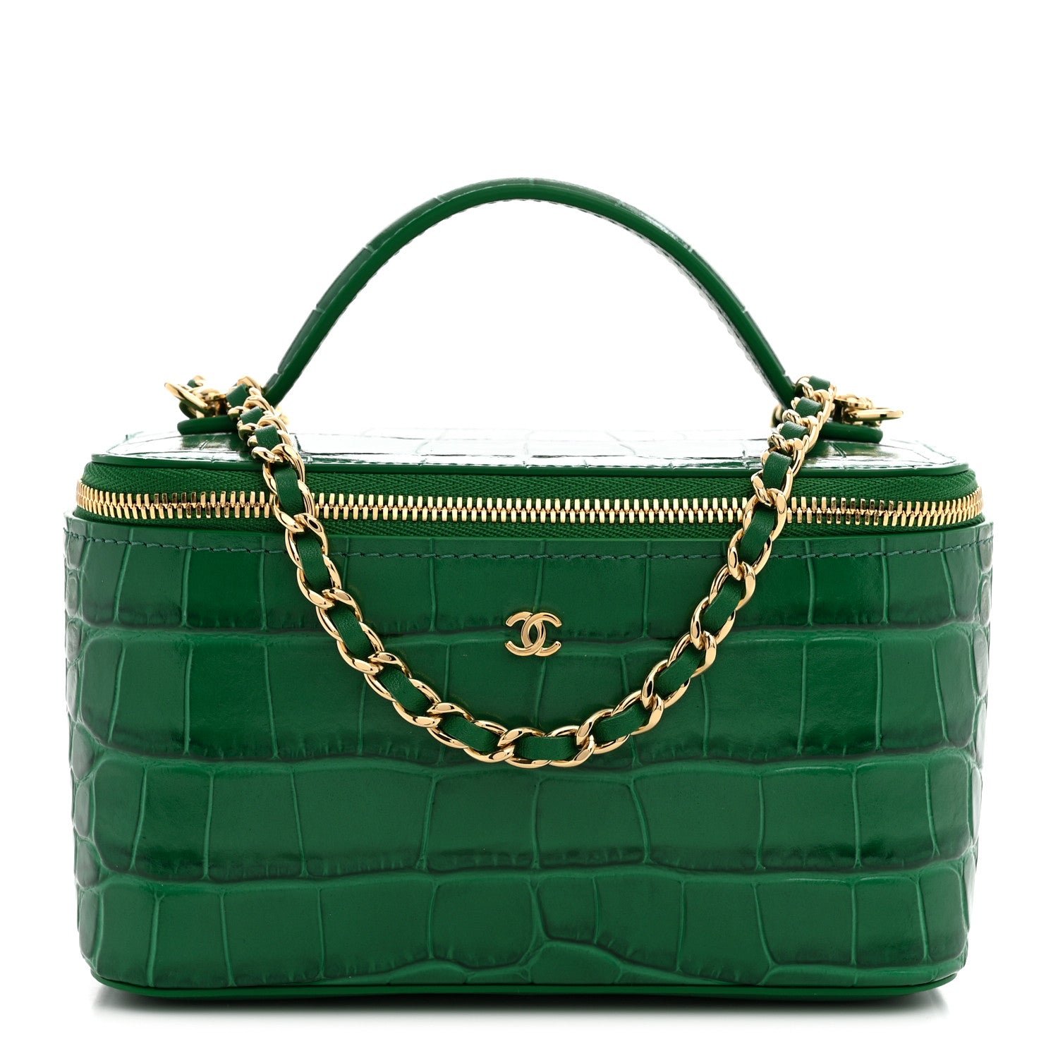 Chanel Calfskin Crocodile Embossed Crococo Small Top Handle Vanity Case With Chain Emerald