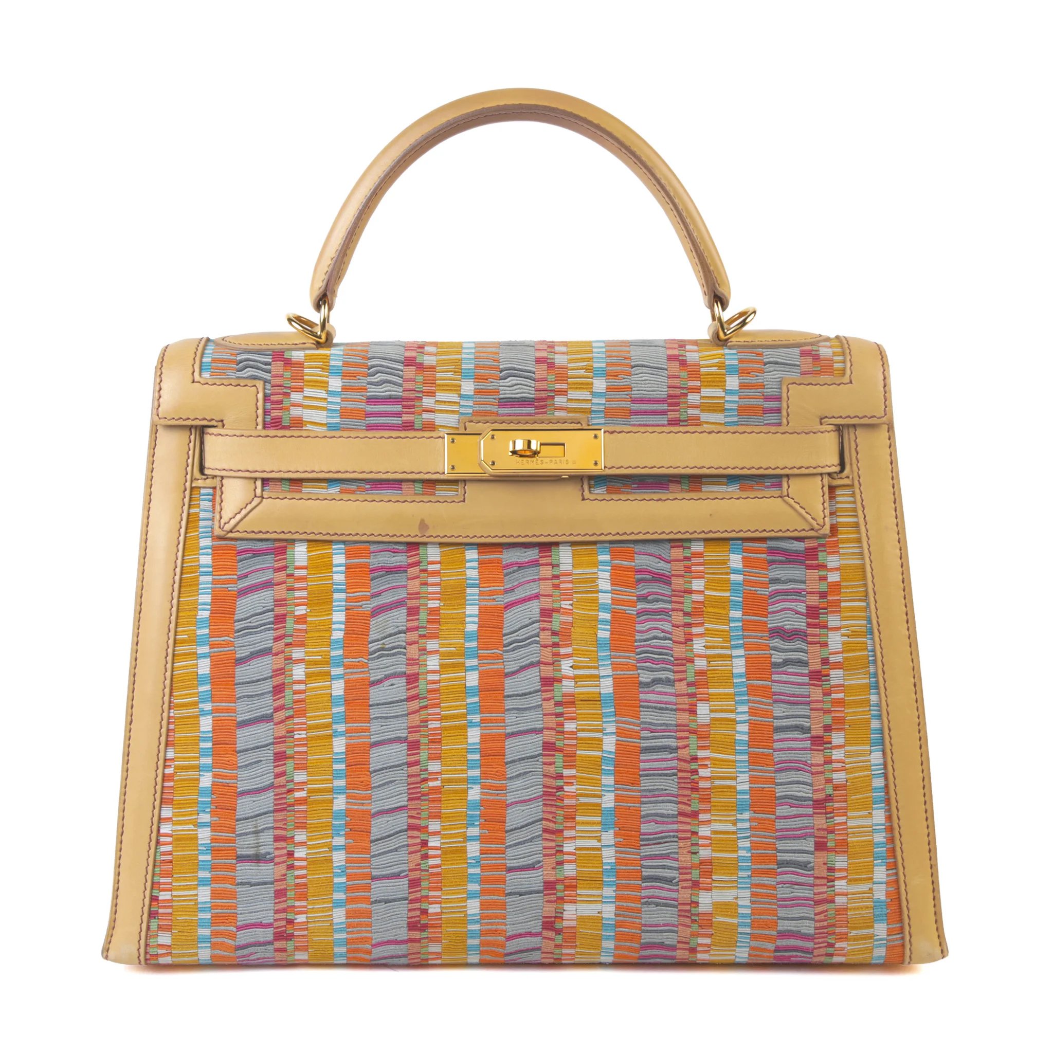 Good ( Rank AB) HERMÈS Limited Edition Kelly 32 Sellier Multi-color Beige Vibrato Gold hardware Square E (2001)